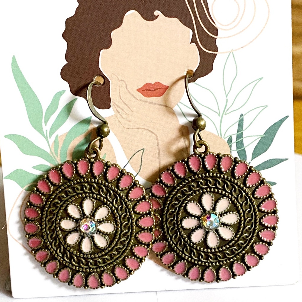 Beautiful Vintage Brass Bohemian Style Inlay Colorful Earrings